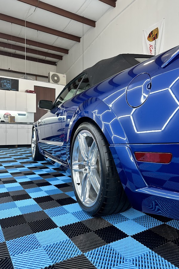 Deep gloss on a corrected blue Mustang at Detail Tech