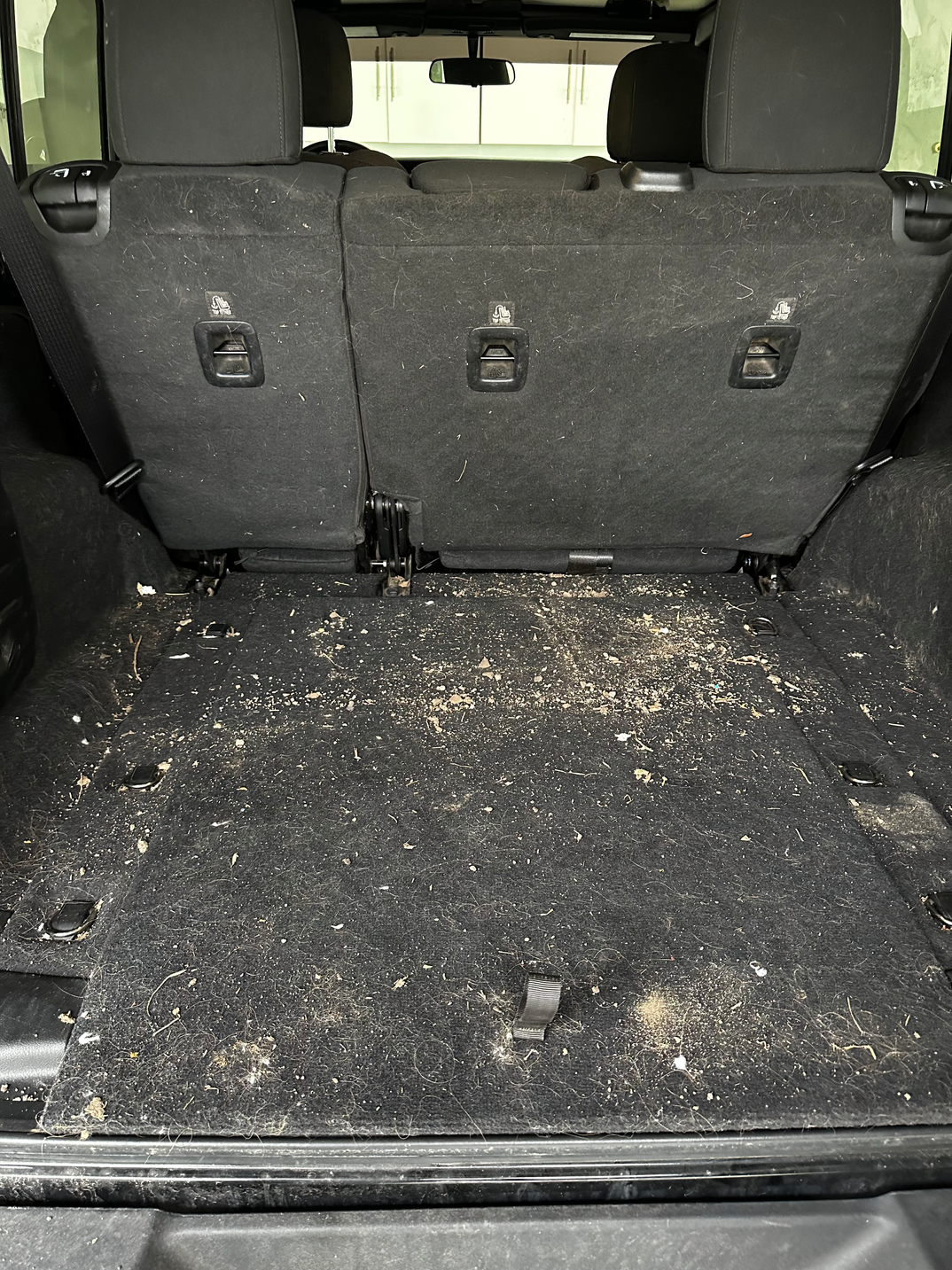 Jeep Wrangler cargo area before detailing, covered in debris