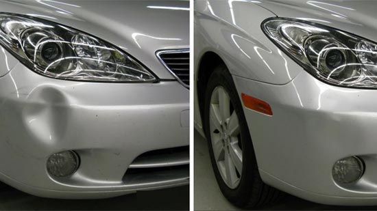 Silver bumper dent removed with paintless dent repair, before and after, at Detail Tech