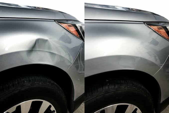 Lexus front bumper dent repaired with PDR, before and after, at Detail Tech