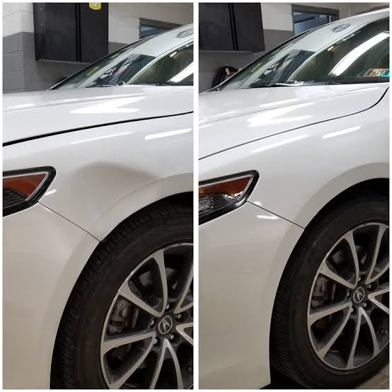 SUV fender dent removed with paintless dent repair, before and after, at Detail Tech