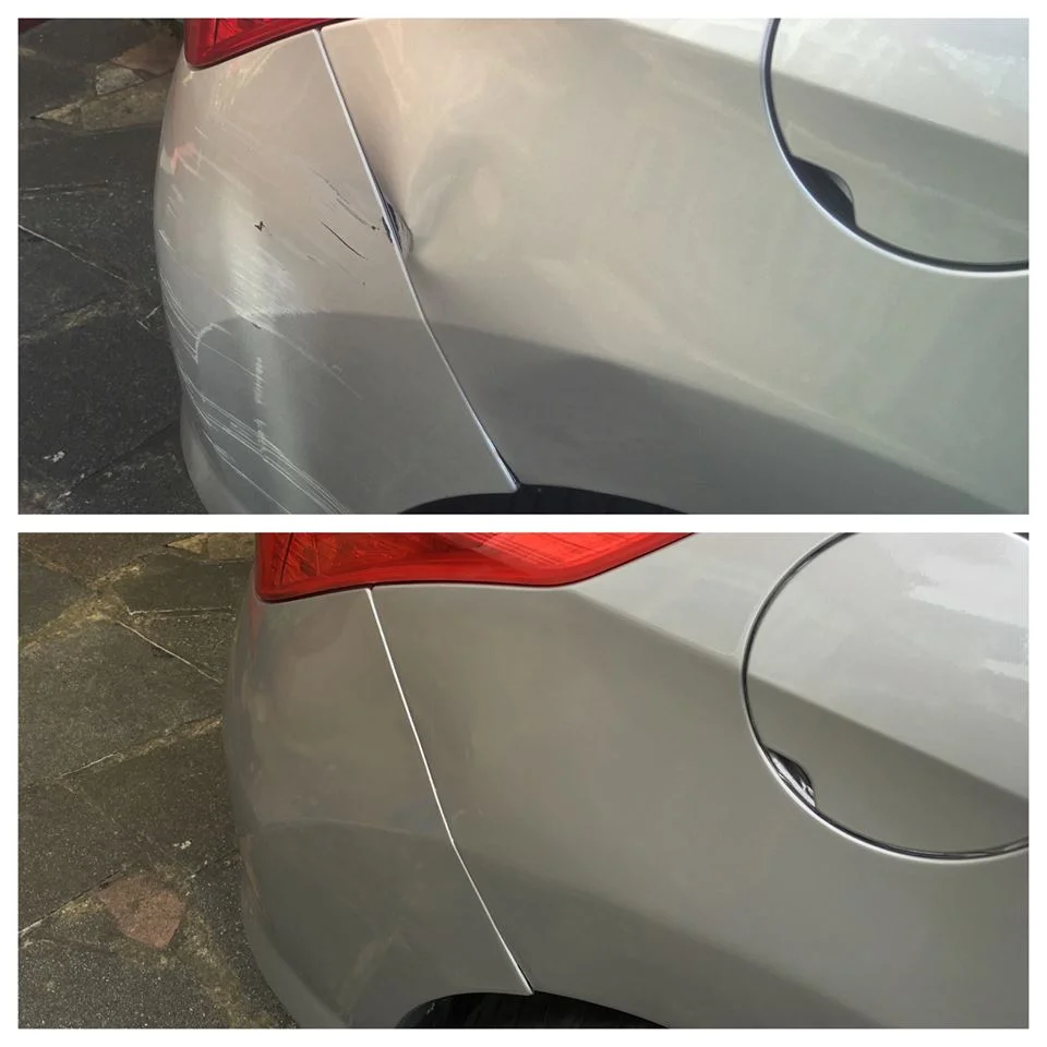 Silver sedan rear quarter dent repaired with PDR, before and after, at Detail Tech
