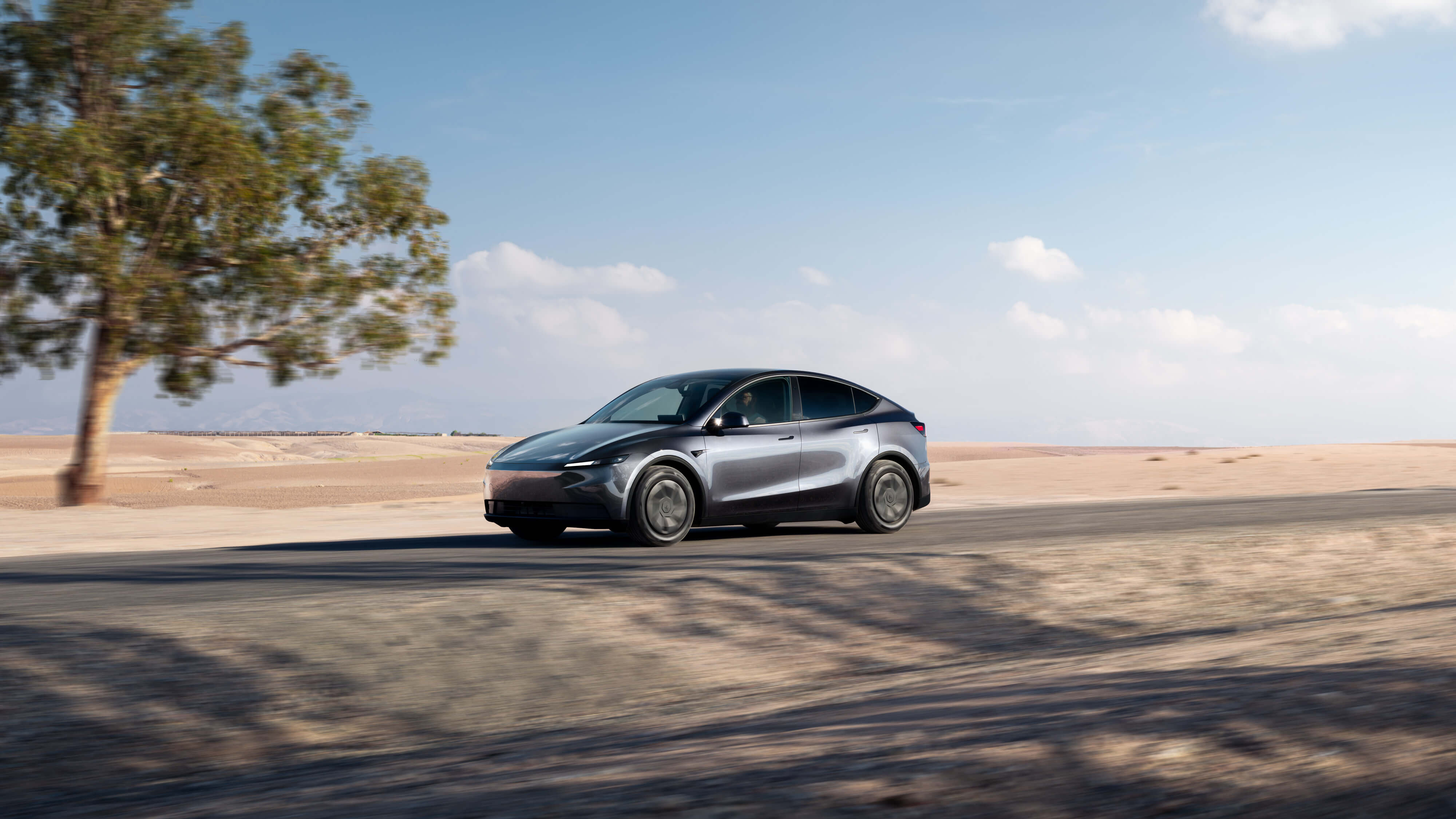 Grey Tesla Model Y driving a desert road