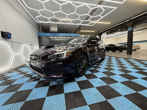Color-shift wrapped Subaru WRX, front, at Detail Tech