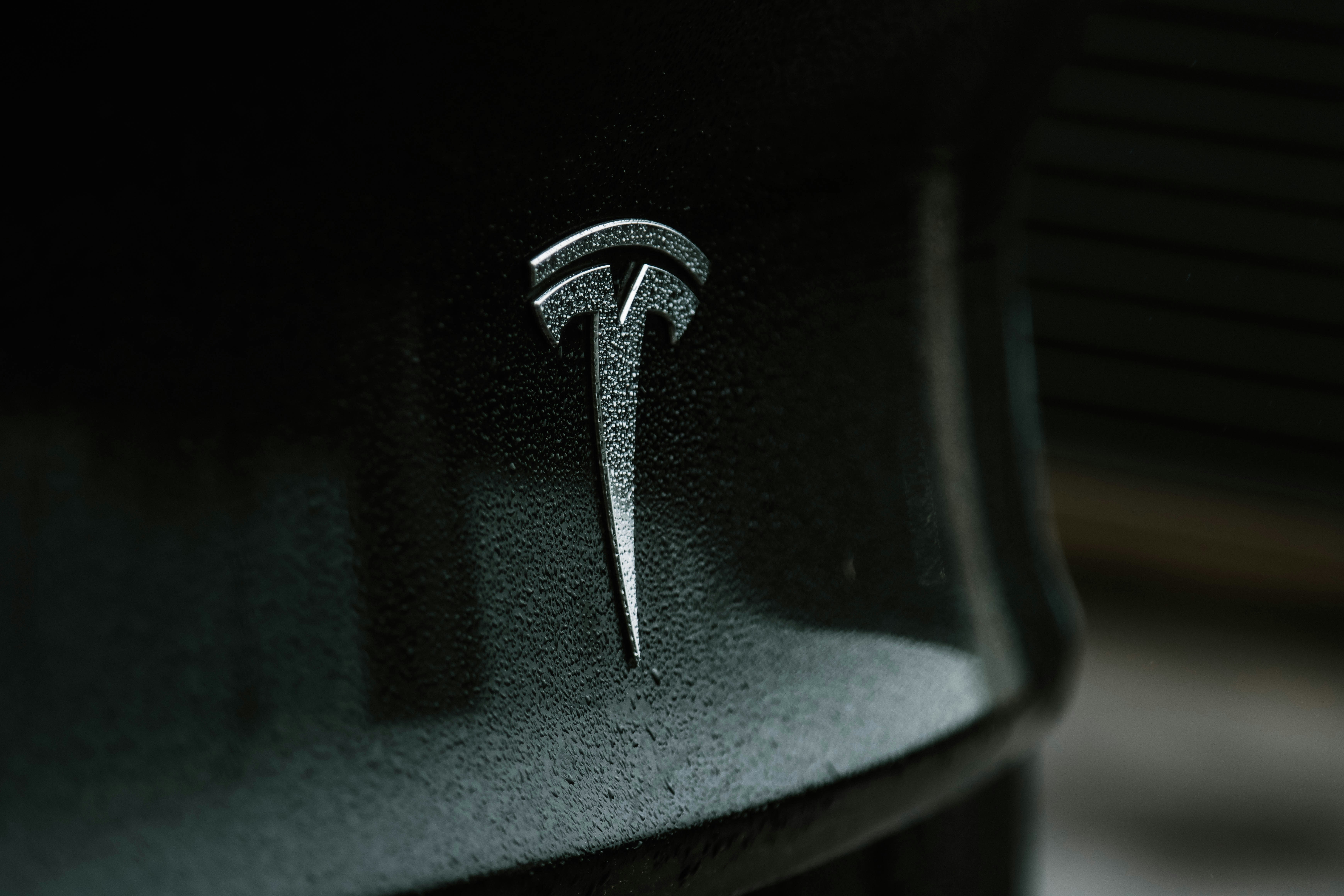 Close-up of a Tesla emblem on a protected black panel